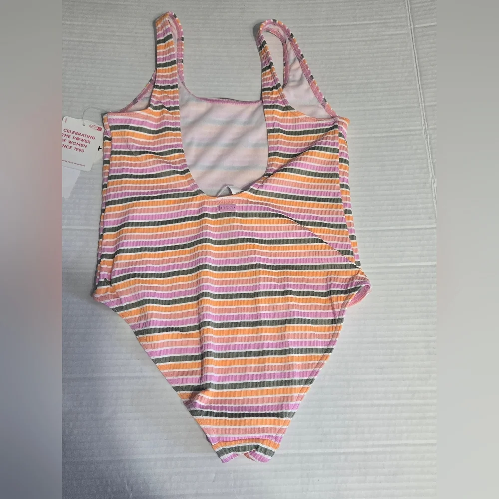 Roxy Girls One-Piece Swimsuit Size 12 Pastel Stripe Ribbed Low Back UPF 50+ NWT